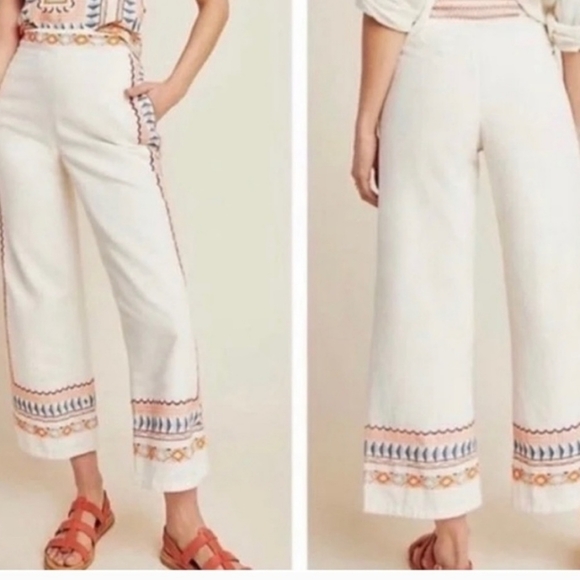 ANTHROPOLOGIE WOMEN'S CREAM ISLANDER EMBROIDERY STRAIGHT LEG CROP, SIZE 6. - Picture 4 of 10